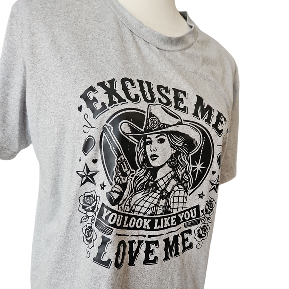 Gray Black Graphic T-Shirt Western Cowgirl Excuse Me Ella Langley Size Large - Picture 1 of 2